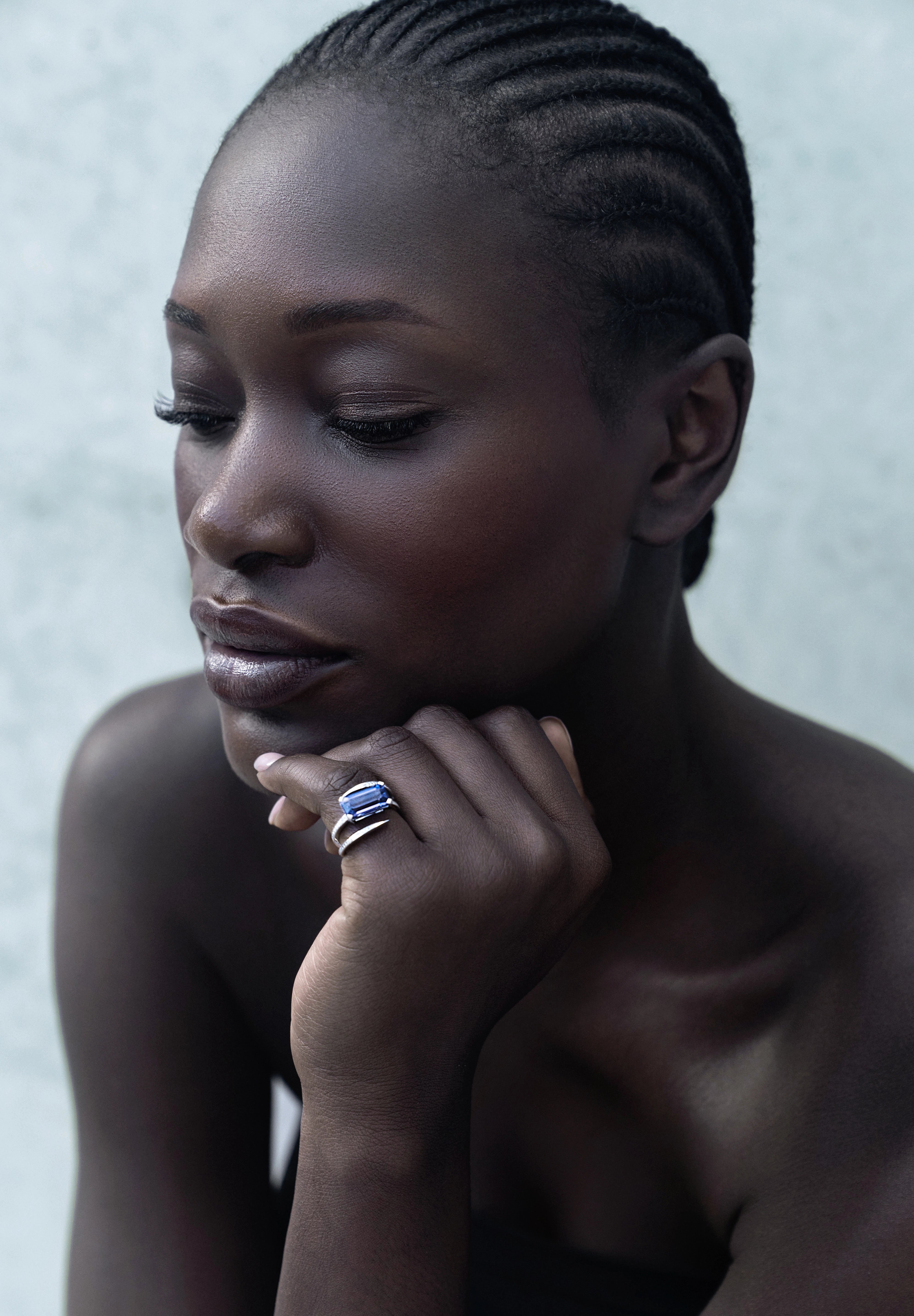 Woman white gold ring on her finger 