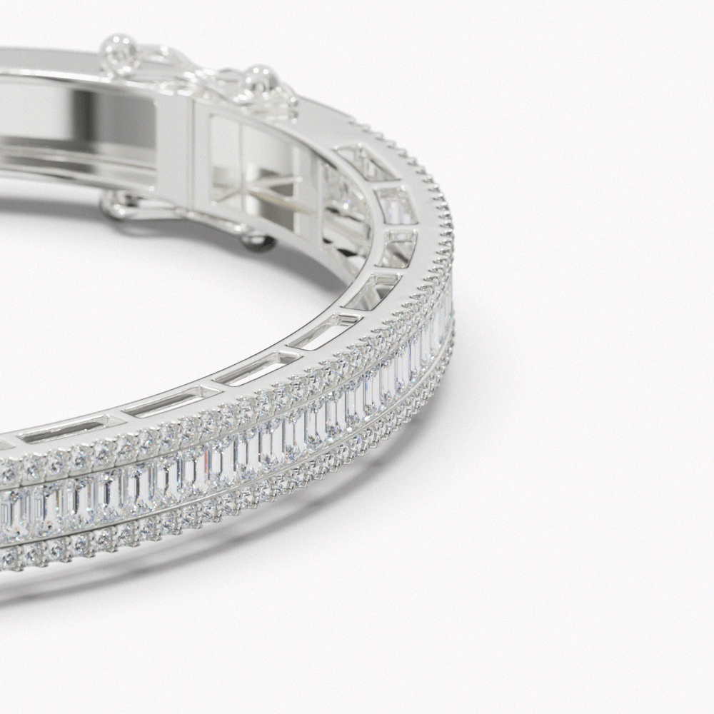 18k DIAMOND BANGLE - SAPFIRA Bracelet  Our diamond bangle bracelet features a minimalist design, set with radiant pavé and baguette diamonds. Designed to be worn and enjoyed every day.A romantic and contemporary diamond bangle featuring a total weight of 2.40 carats.