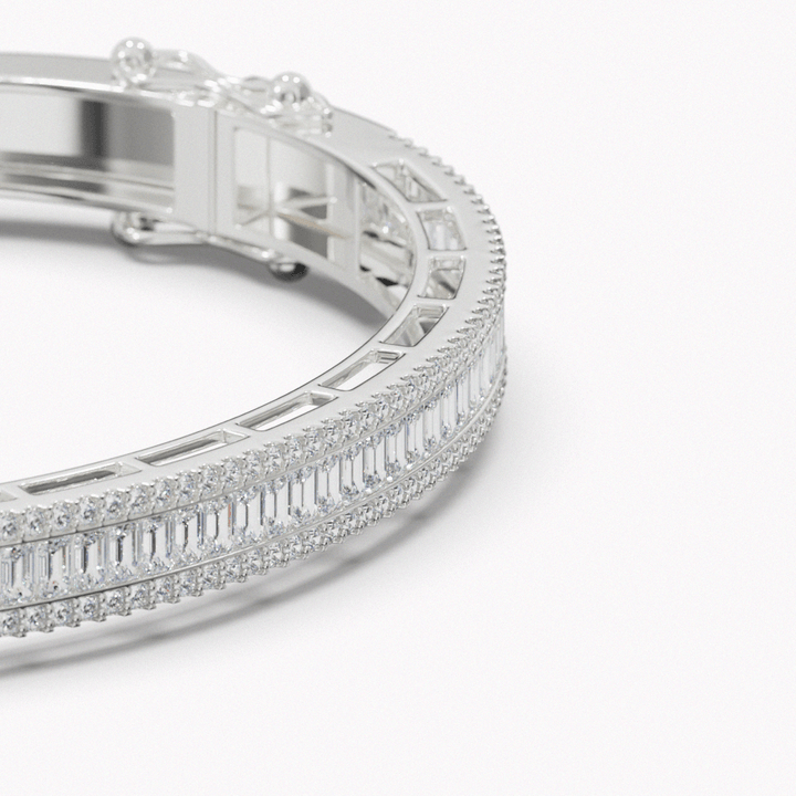18k DIAMOND BANGLE - SAPFIRA Bracelet  Our diamond bangle bracelet features a minimalist design, set with radiant pavé and baguette diamonds. Designed to be worn and enjoyed every day.A romantic and contemporary diamond bangle featuring a total weight of 2.40 carats.